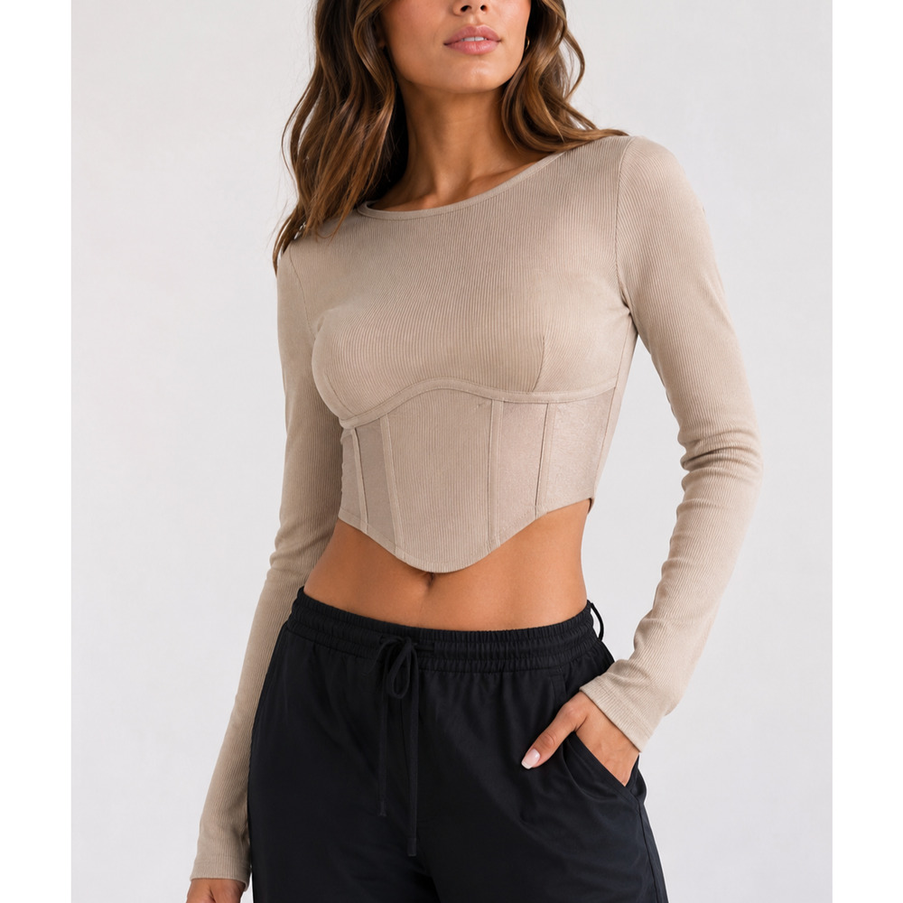 Rehab Lab NWT Beige Ribbed Corset Crop Top Long Sleeve Fitted Stretch Size M